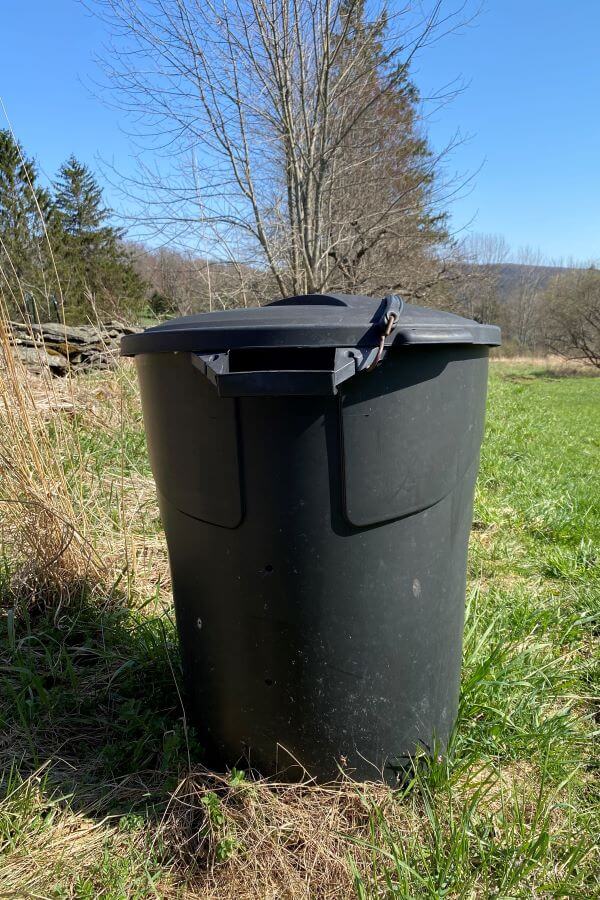 Black lidded trash barrel compost bin outdoors green grass dead plants blue sky