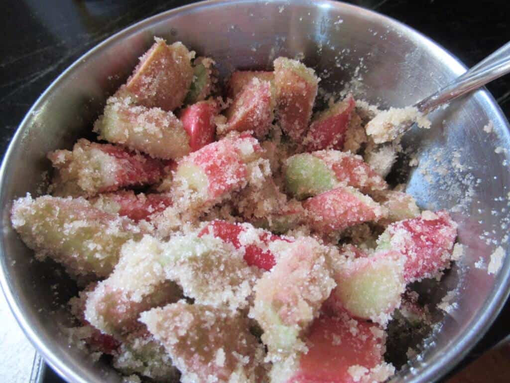 Rhubarb in bowl mixed with sugar