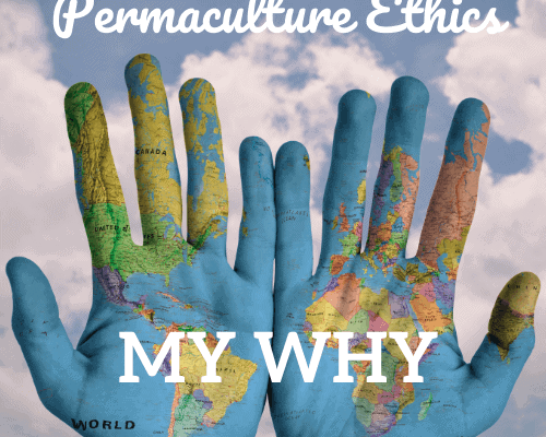 Palms of two hands with map of world in cloudy sky Permaculture Ethics My Why