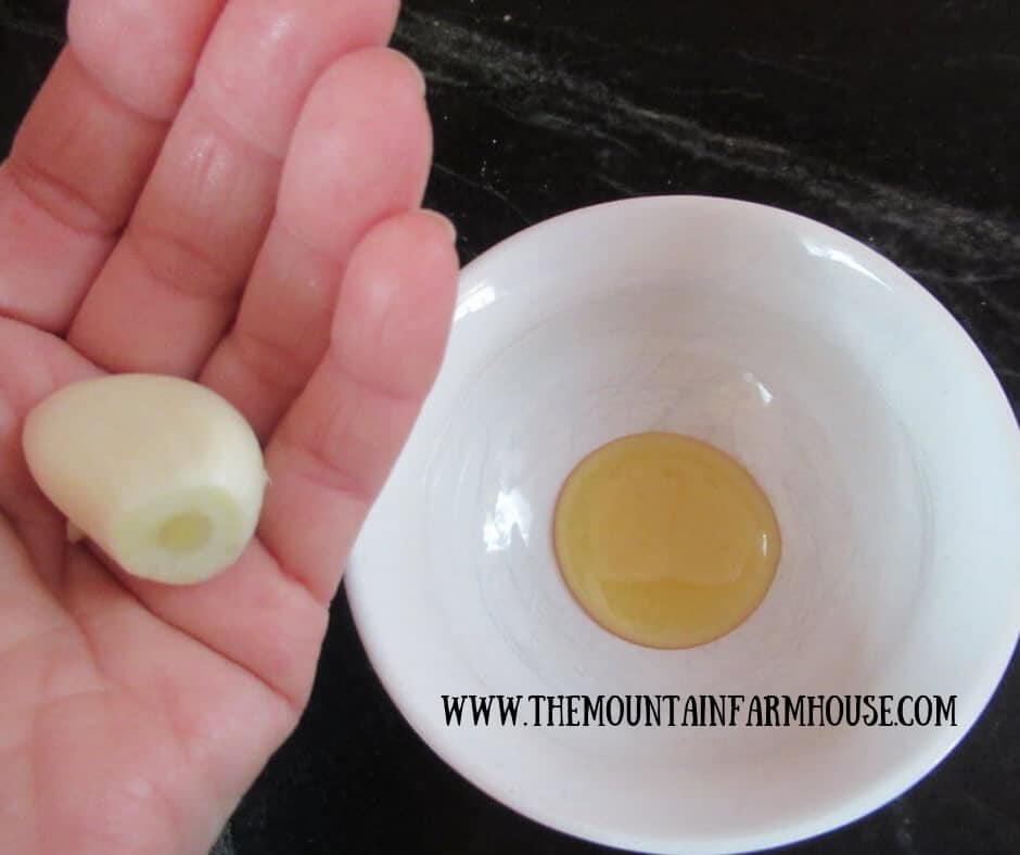 Garlic clove in hand and agave nectar in bowl