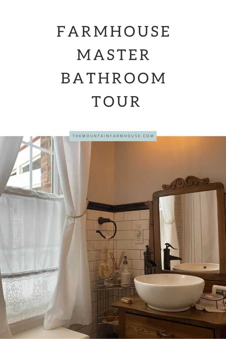 Farmhouse bathroom sink, vanity, mirror, window and knick knacks