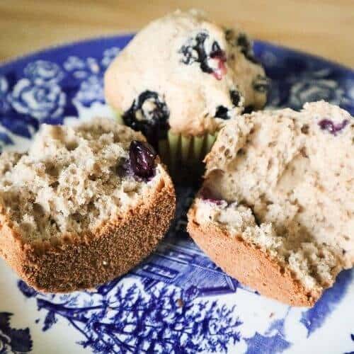 Blueberry muffins on blue and white plate