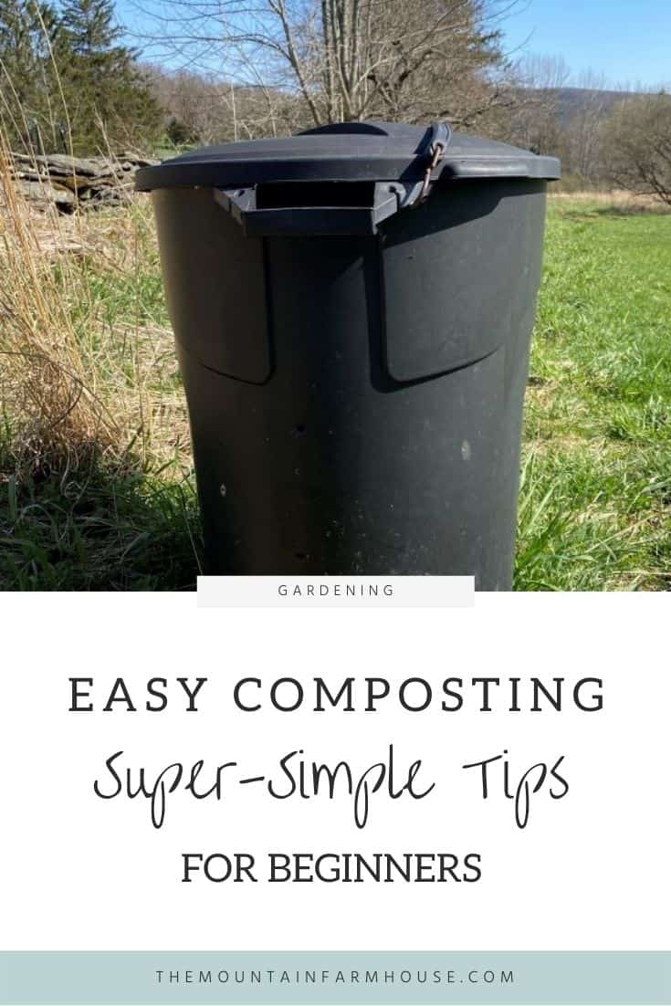 Pinterest pin Easy Composting super-simple tips for beginners Black trash barrel outdoor compost bin green and dried brown grass trees blue sky