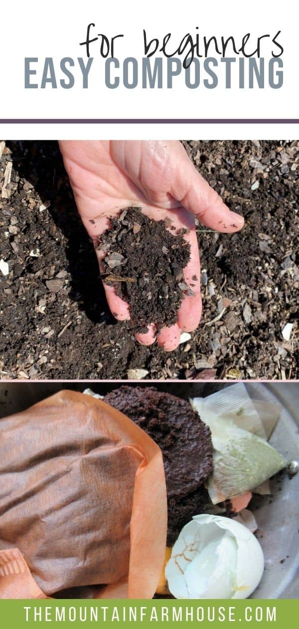 Pinterest pin Easy Composting for beginners hand palm facing up in pile of dirt plus kitchen scraps including coffee filter, coffee grounds, tea bags, egg shells